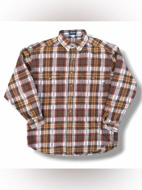 Vintage 90s Guess Jeans Plaid Embroidered Flannel Shirt Orange Size Large